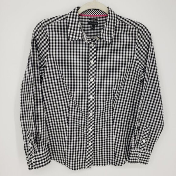 Talbots Gingham Plaid Button Down Shirt Top 6P Non Iron Long Sleeves Black White - Picture 1 of 7